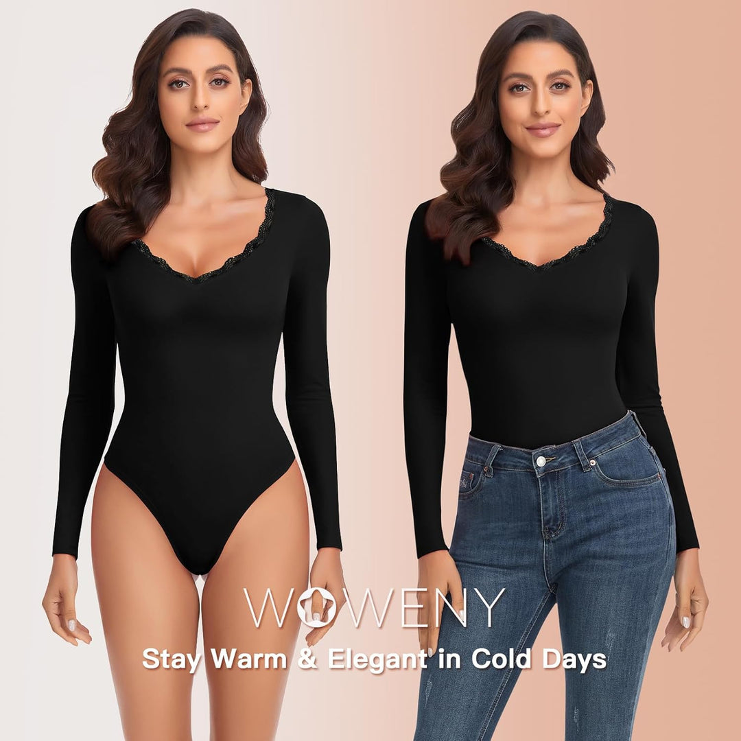 WOWENY Thermo Body Damen Langarm Elegant Langarmbody mit Spitze V-ausschnitt Fleece Bodysuit Warm Be