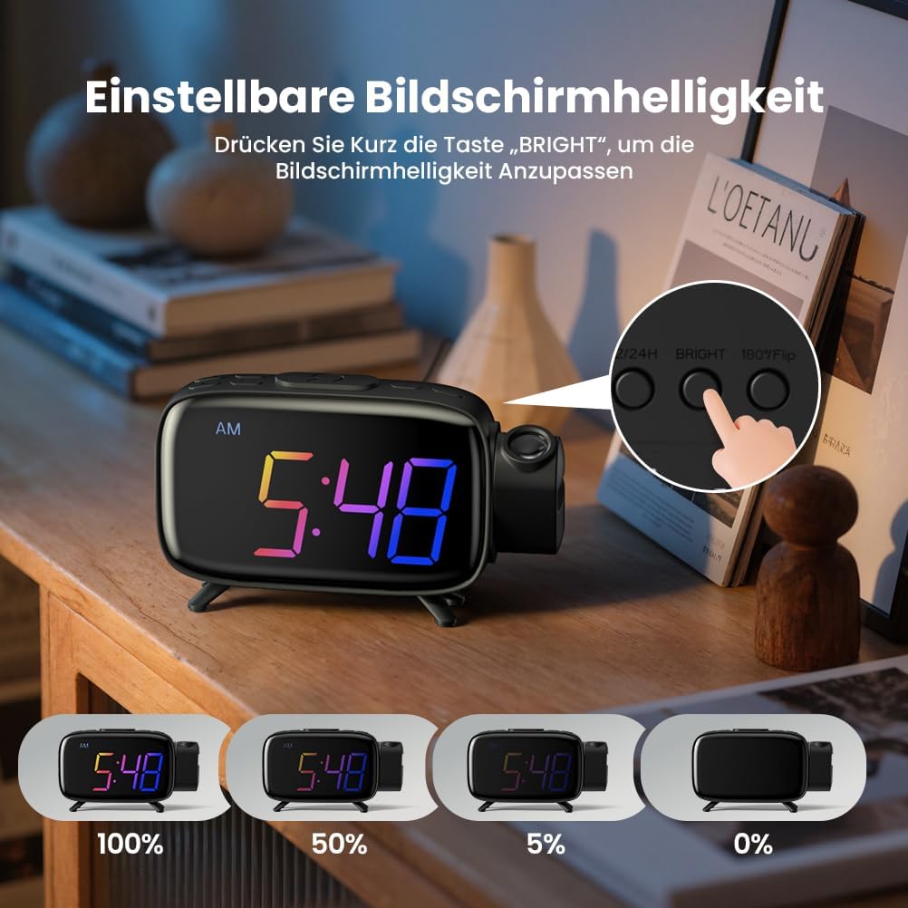 ELEHOT-Store Radiowecker mit projektion,180°Projektionswecker,12/24H Wecker Digital Snooze Funktion,
