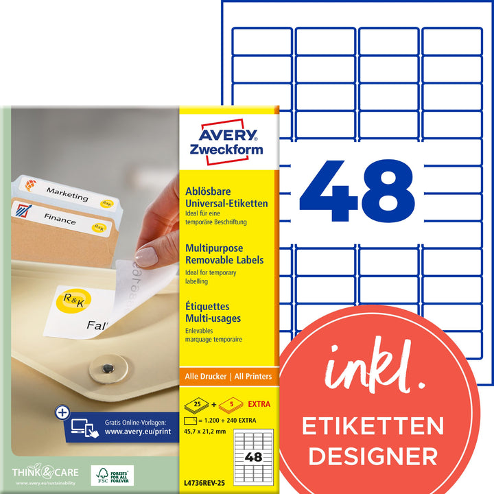AVERY Zweckform L4736REV-25 Universal Etiketten (1.200 plus 240 Klebeetiketten extra, 45,7x21,2mm au