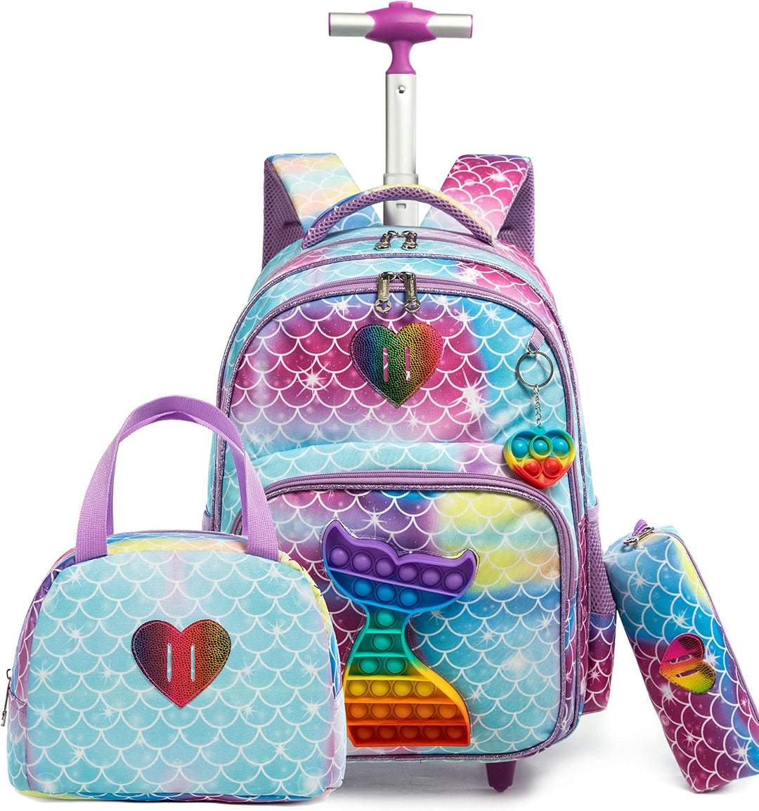HTgroce Rollrucksack Schulranzen mit Rollen für Mädchen Pop it Rucksack 16 Zoll Set 3 in 1 mit Lunch