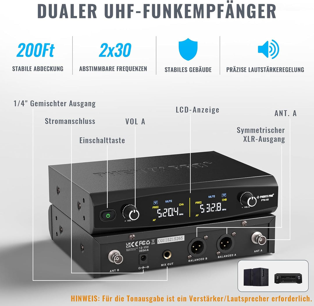 Phenyx Pro Mikrofon Drahtloses Mikrofonsystem, kabelloses Handmikrofon-Set für Gesang, Karaoke, Kirc