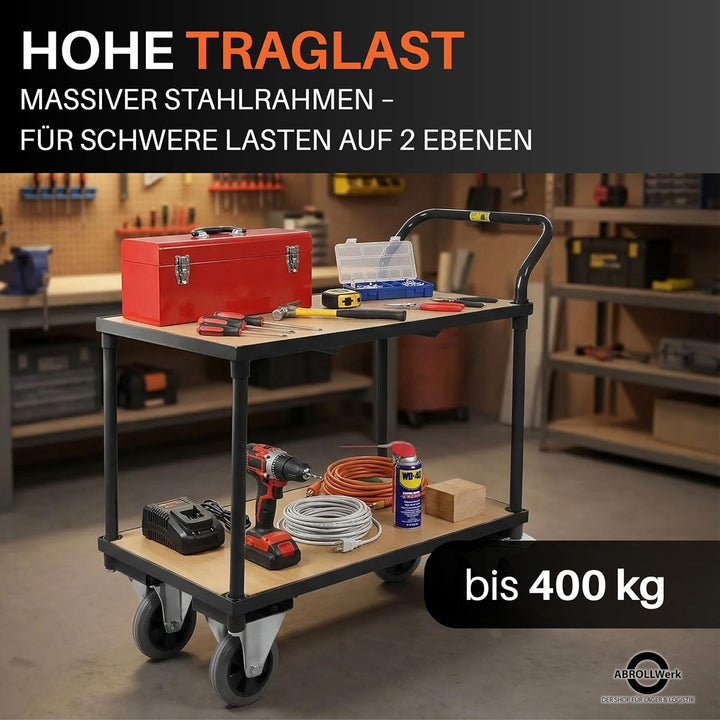 Etagenwagen schwarz 400 kg Traglast – Rollwagen mit 2 Ebenen & Vollgummireifen – Plattformwagen Stah