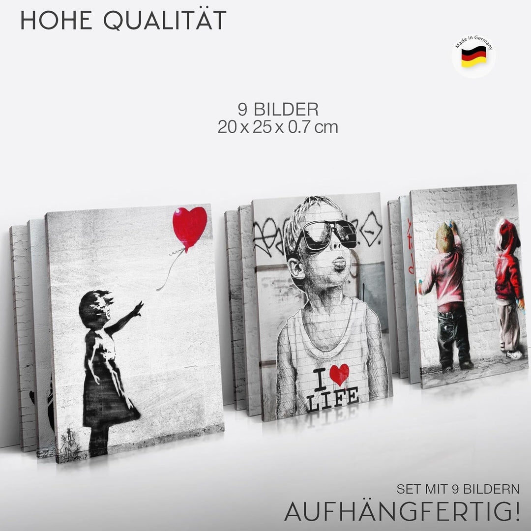 Novart Wandbilder Banksy - KOMPLETT AUFHÄNGFERTIG - Collage Loft Wohnzimmer- 9 Moderne Bilder Set -