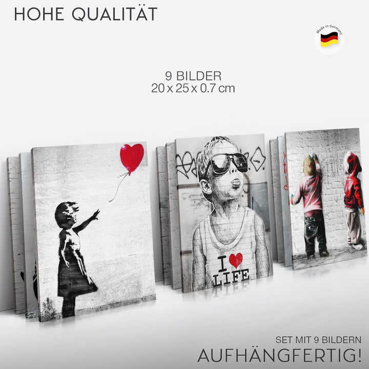 Novart Wandbilder Banksy - KOMPLETT AUFHÄNGFERTIG - Collage Loft Wohnzimmer- 9 Moderne Bilder Set -