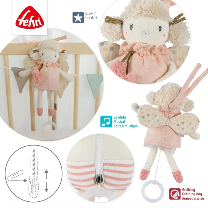 Fehn Mini-Spieluhr Fee – Kuscheltier & Einschlafhilfe: Aufzieh-Spieluhr mit sanfter Melodie „Schwane