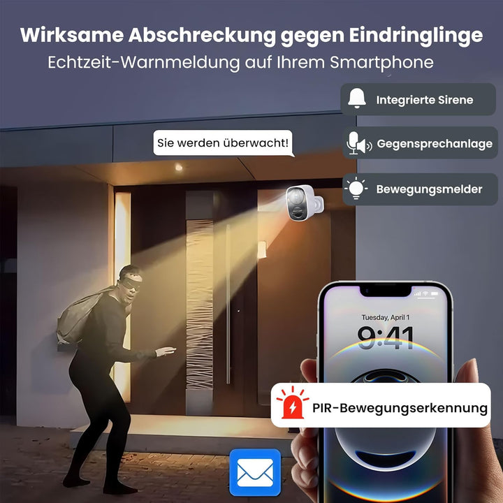 2K/3MP Überwachungskamera Aussen Akku Solar, Kostenloser Cloud-Speicher, 2.4G-5G GHz WLAN Kabellose