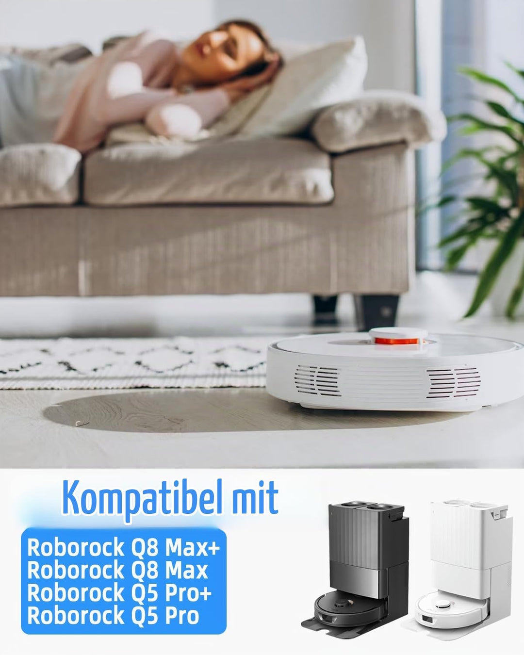 Zubehörset für Roborock Q8 Max+/Q8 Max/Q5 Pro+/Q5 Pro Saugroboter, 2 Hauptbürste, 4 Hepa-Filter, 4 W