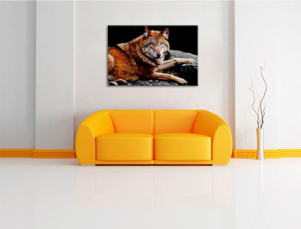 Dark stolzer Wolf auf Stein schwarz/weiss Deluxe Format: 100x70 cm auf Leinwand, XXL riesige Bilder