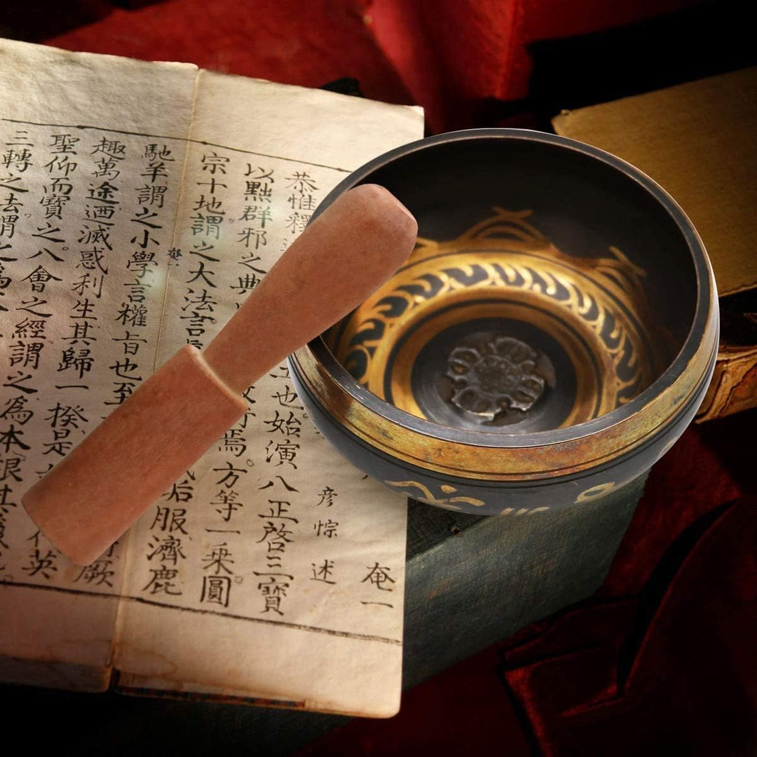 Exqline Tibetische Klangschale Set, 11,5 cm Singing Bowl aus Tibet mit Holz Klöppel & Handgemachte K