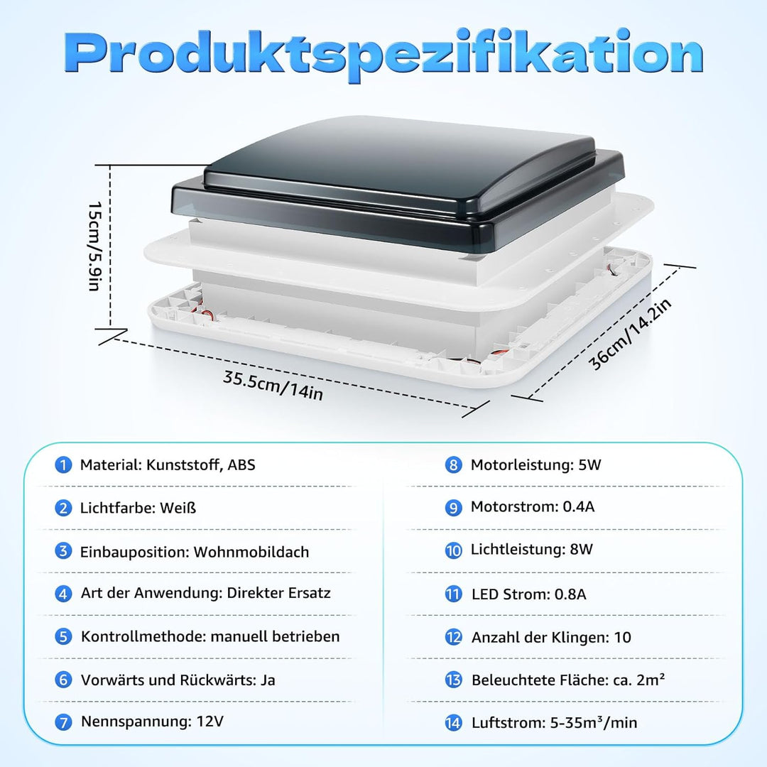 28 * 28cm Dachlüfter mit LED-Leuchten Wohnwagen-Dachlüfter (mit Belüftung Wohnwagen-Luke Fenster)
