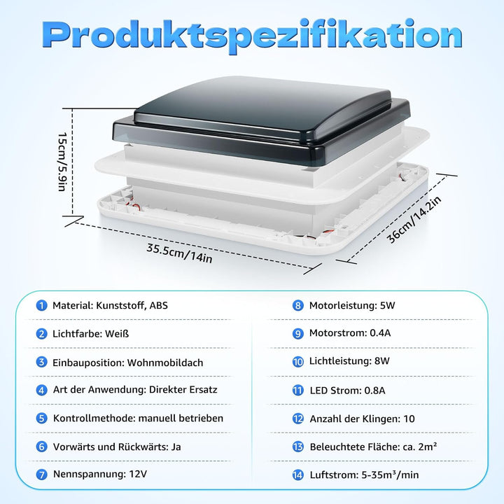 28 * 28cm Dachlüfter mit LED-Leuchten Wohnwagen-Dachlüfter (mit Belüftung Wohnwagen-Luke Fenster)