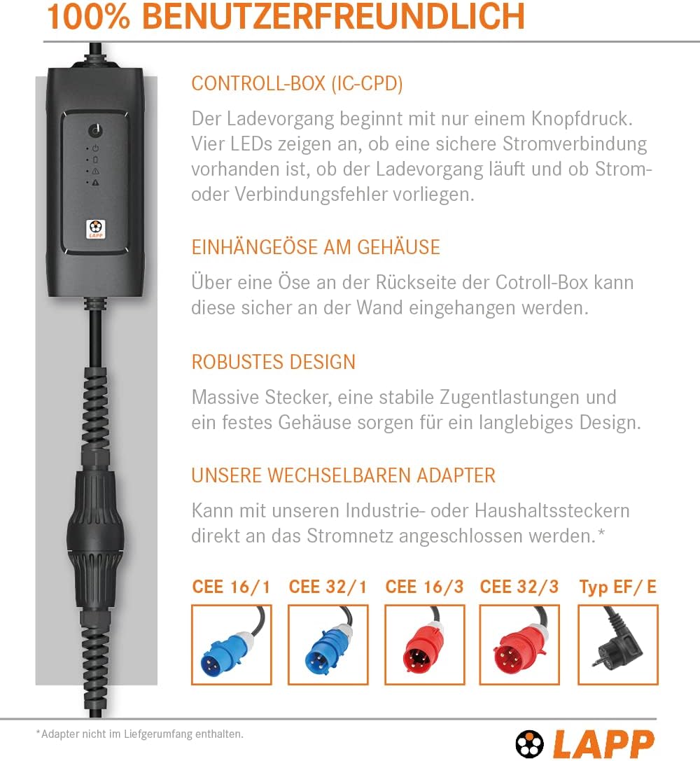 Lapp Mobility Typ 2 Ladestation 22kW / ohne Adapter / 32 A / 3-Phasig/E-Auto Ladekabel/Mode 2 / 6m /