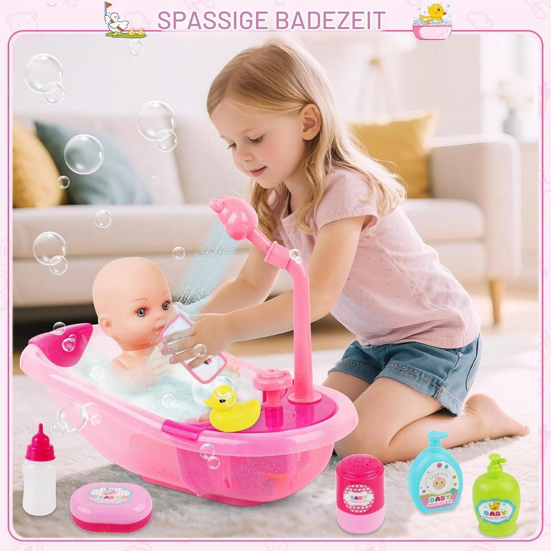 deAO Baby Puppe mit Badewanne und Zubehör, 30cm Badepuppe für Mädchen | mit Funktionierender Dusche