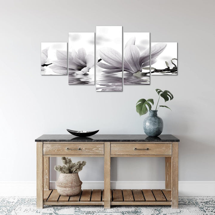 Runa Art Wandbilder Blumen Magnolien 5 Teilig Bild auf Vlies Leinwand Deko Wohnzimmer Spa Schwarz We
