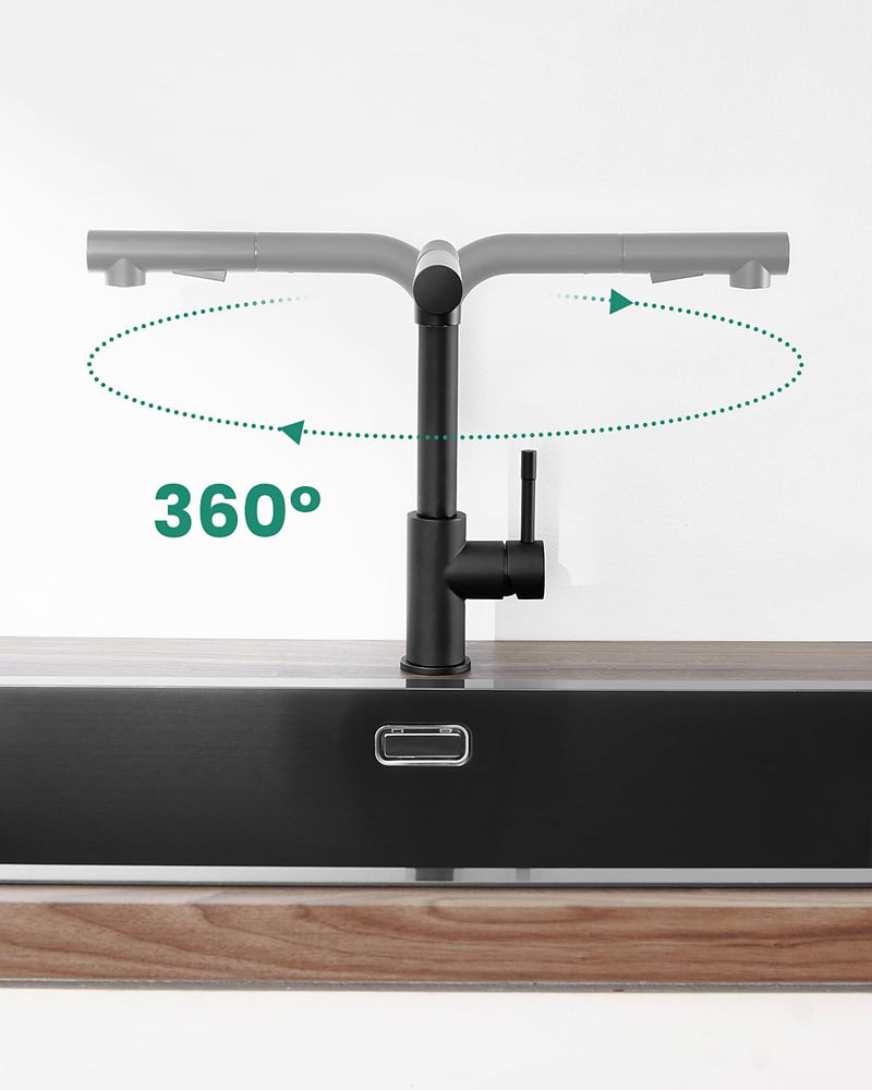 ANYCEE Wasserhahn Küche Schwarz, Hochdruck Küchenarmatur mit Ausziehbar, 360° Schwenkbar Küchenarmat