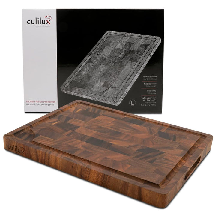 Gourmet Schneidebrett L Stirnholz Walnuss 2-seitig 40 x 30 x 3 cm mit Saftrille antiseptisches Hirnh