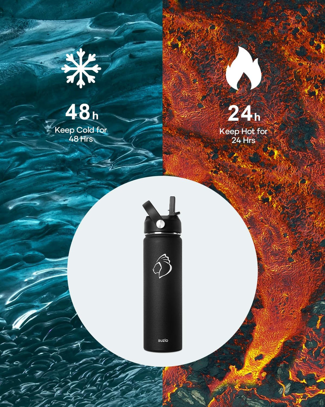 Edelstahl Trinkflasche mit Strohhalm, BUZIO Thermosflasche 680ml mit Strohhalmdeckel und Flexkappe k