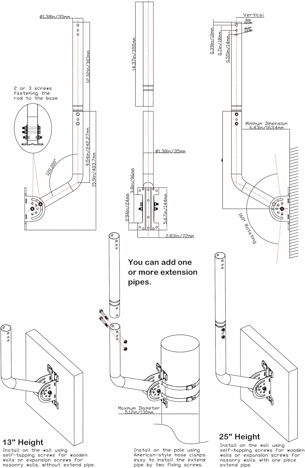 Antennenstange, Kabelmast J-Tube aus rostfreiem Edelstahl (Stab 3,5 cm x 60 cm) geeignet für Install