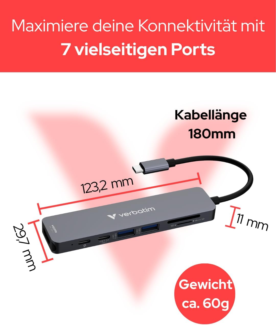 Verbatim USB-C Essentials Multiport Hub, 7 Anschlüsse: HDMI, USB-C 3.2 Gen 1, USB-C PD bis 100W, 2×