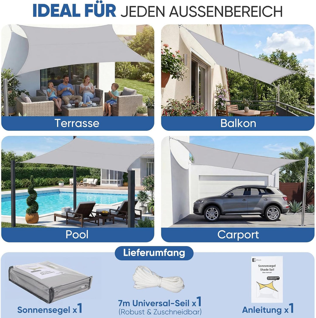 Sunula Sonnensegel Wasserdicht 3x4m Rechteckig – hochdichtes PES 160g/m², mit umlaufendem Gurtband &
