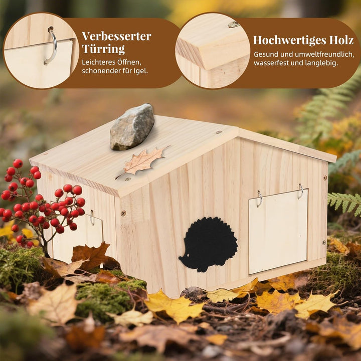 Igelhaus Holz mit Rattenklappe und Boden, Winterfeste Igelhotel mit Labyrintheingang und Schrägem Da