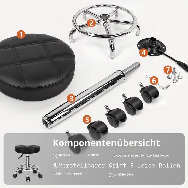 KKTONER Rollhocker Arbeitshocker Barhocker höhenverstellbar 49-64cm drehbar aus Kunstleder Schwarz,