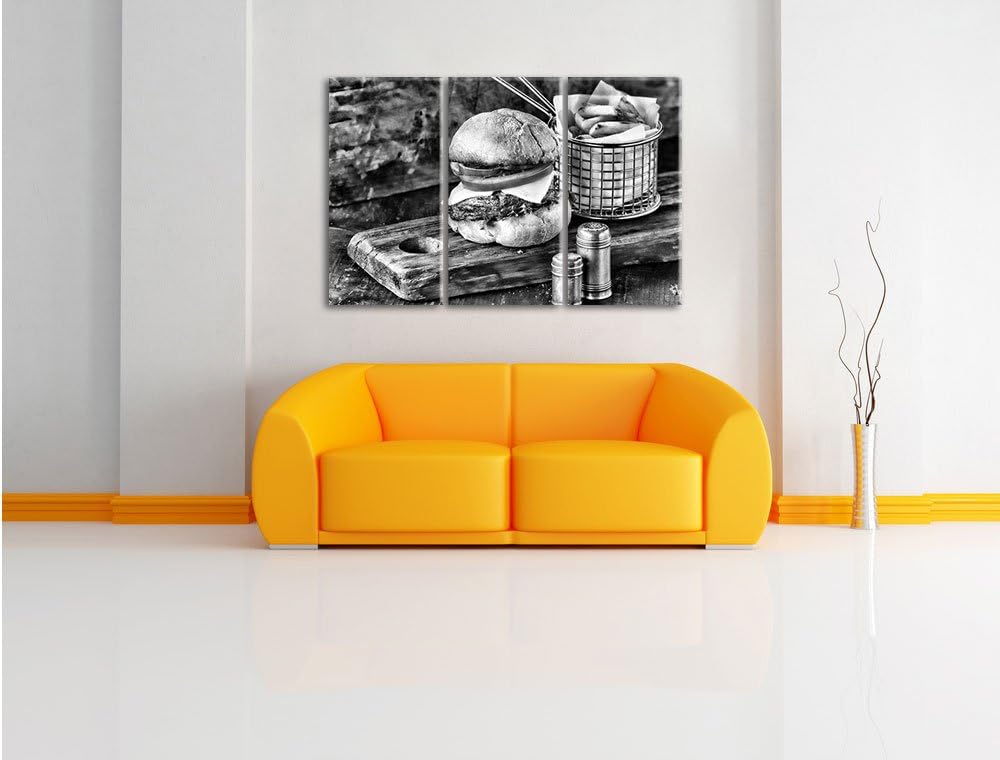 Pixxprint Cheesburger mit Pommes als Leinwandbild/Grösse: 3 Teilig (120x80 cm) cm/Wandbild/Kunstdruc