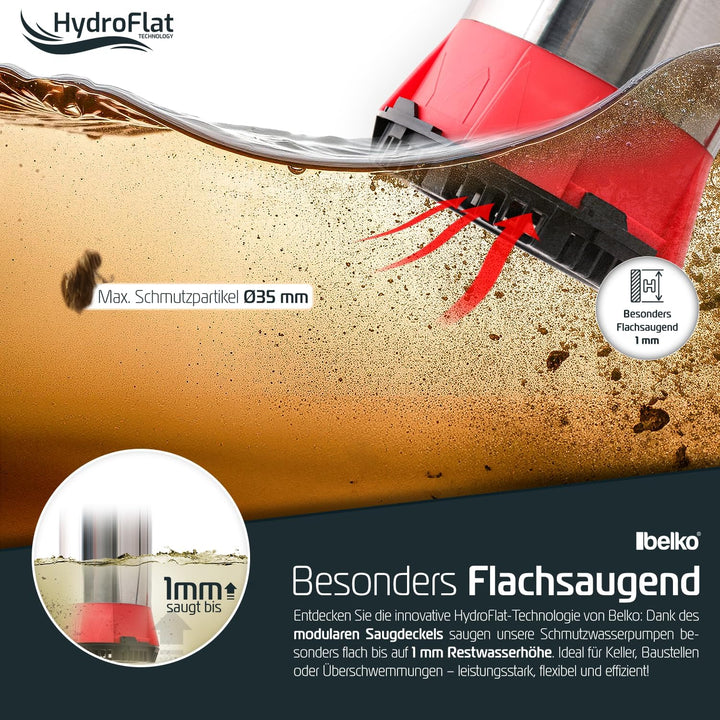 Belko® HydroFlat Vario Pro 850W – Flachsaugend bis 1 mm, 15.000 l/h, Edelstahlgehäuse, Schwimmerscha