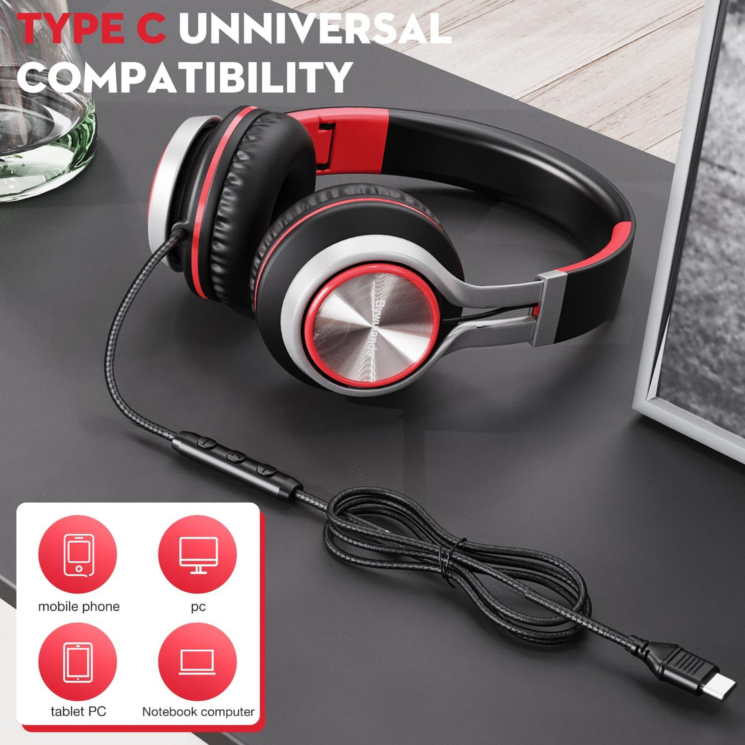 USB-C Kopfhörer mit Mikrofon und Lautstärkeregler, Over Ear Stereo Headsets für iPhone 15, 16 Pro, k