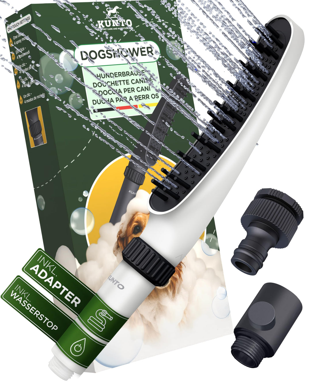 KUNTO® Hundebrausekopf - Hundedusche Duschkopf - Hundedusche mit vier Strahlarten - Hunde Duschkopf