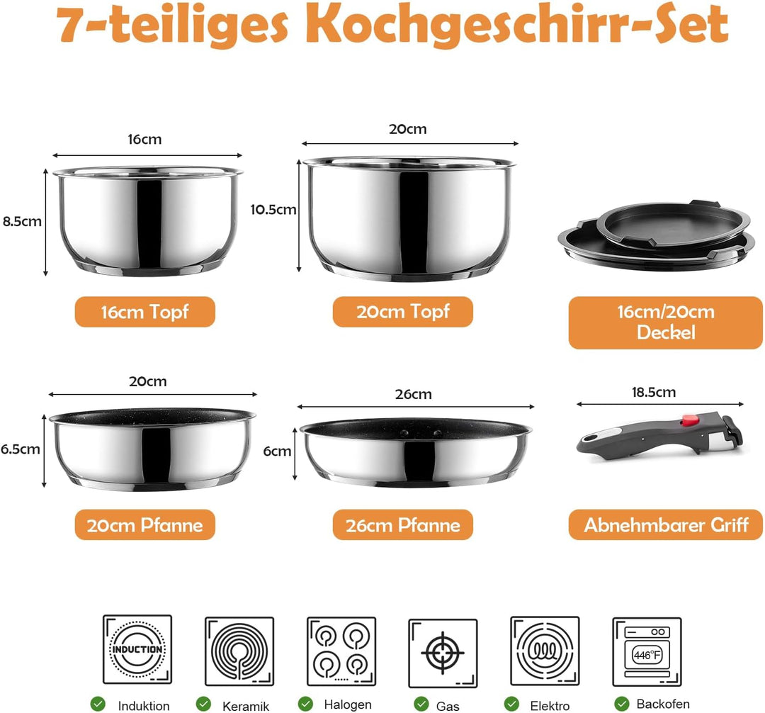 Töpfe und Pfannenset mit Abnehmbarer Griff, 7-Teilig Topfsets Induktion | Edelstahl PFAS-freie Antih