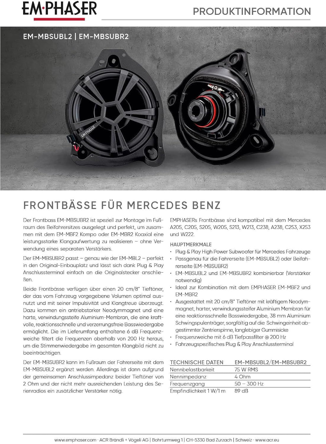EMPHASER EM-MBSUBL2 – 20 cm / 8“ Auto Subwoofer kompatibel mit Mercedes Benz Fahrzeugen, Plug & Play