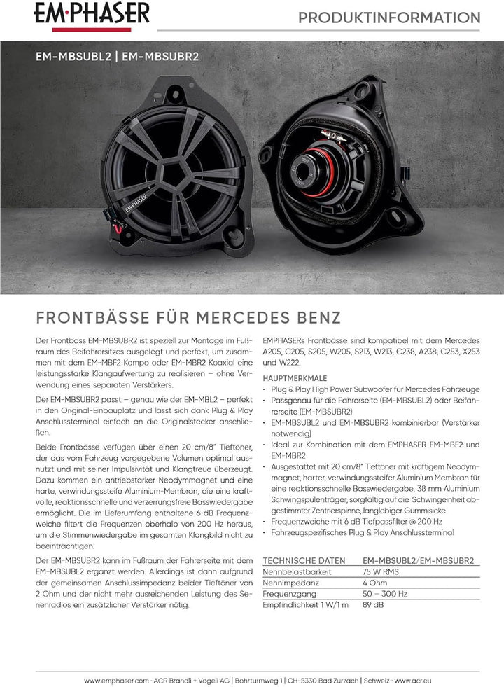EMPHASER EM-MBSUBL2 – 20 cm / 8“ Auto Subwoofer kompatibel mit Mercedes Benz Fahrzeugen, Plug & Play