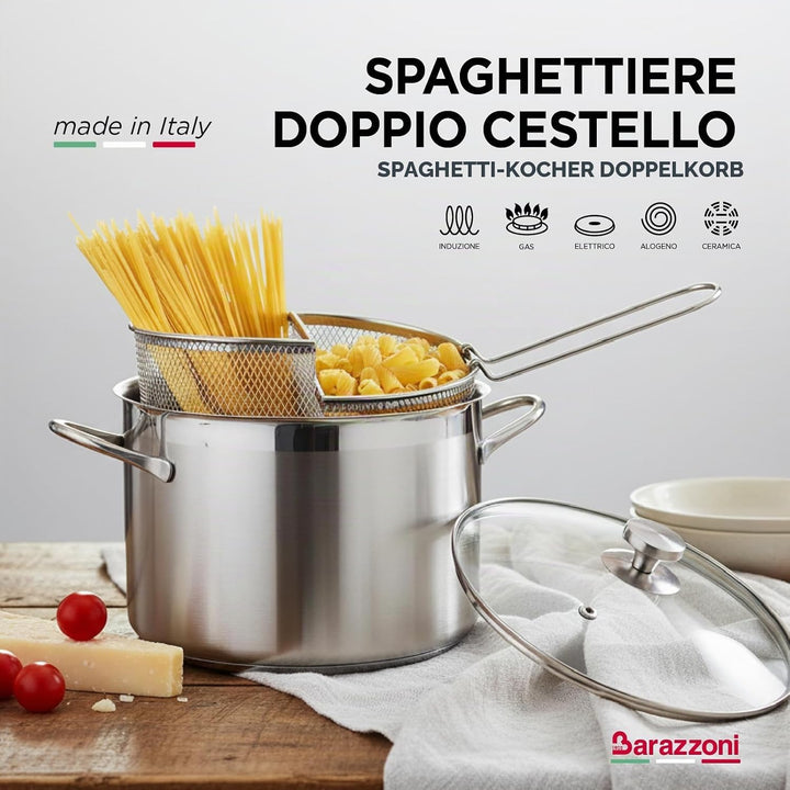 Barazzoni 421049524 Spaghetti-und Pastatopf mit Zwei Siebeinsätzen, ø 24 cm, Inhalt 7,25 l, Edelstah