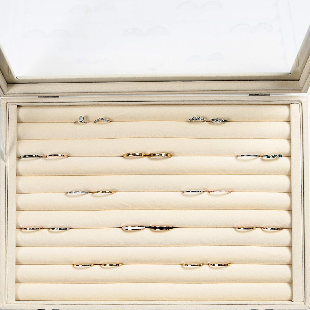 Frebeauty Ringe/Ohrringe Organizer Tablett mit klarem Deckel 10 Slots Samt Schublade Einsatz Schmuck