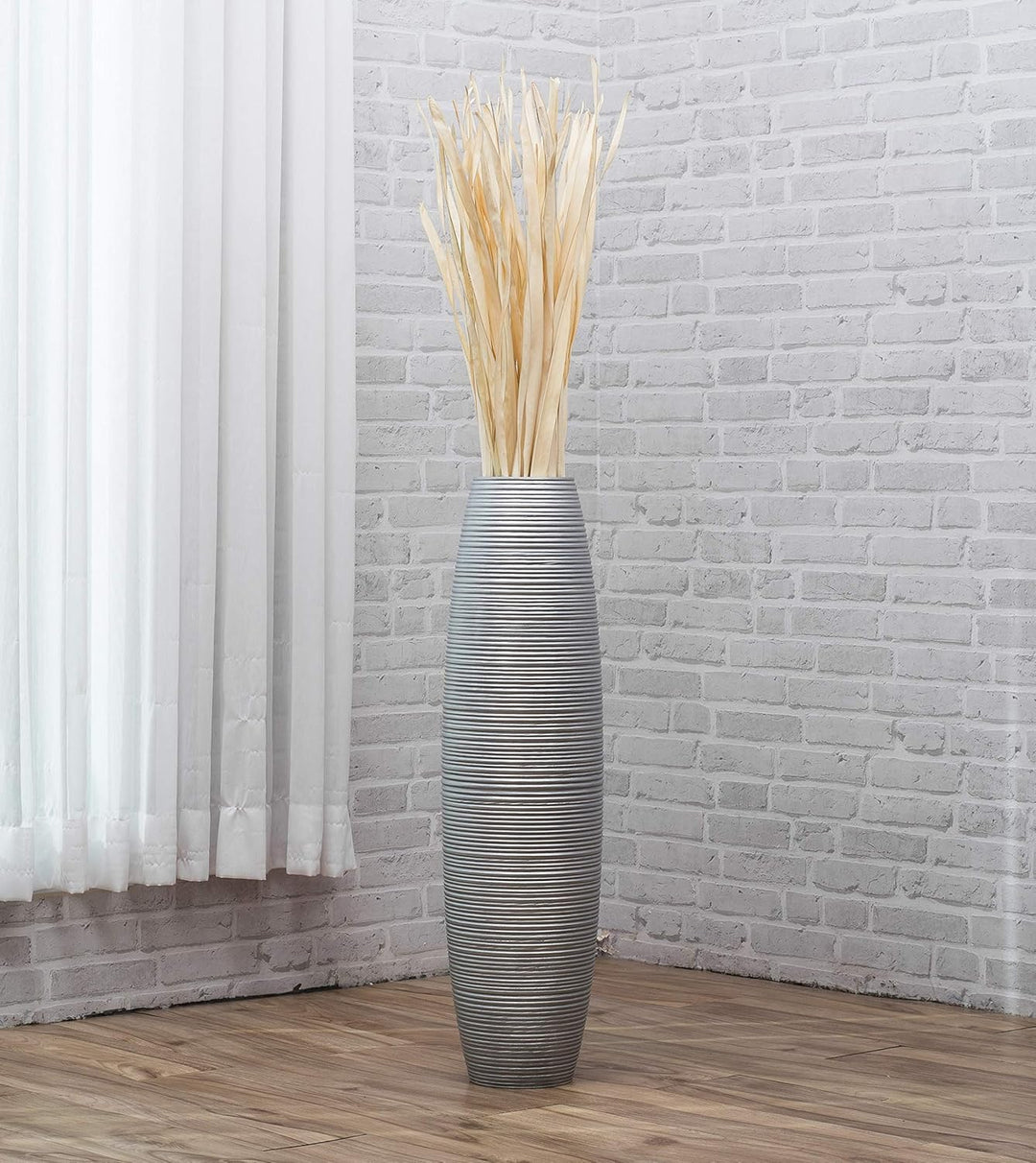 Leewadee Grosse Bodenvase für Dekozweige hohe Standvase Design Holzvase, Holz, 70 cm, Silber 70 cm S