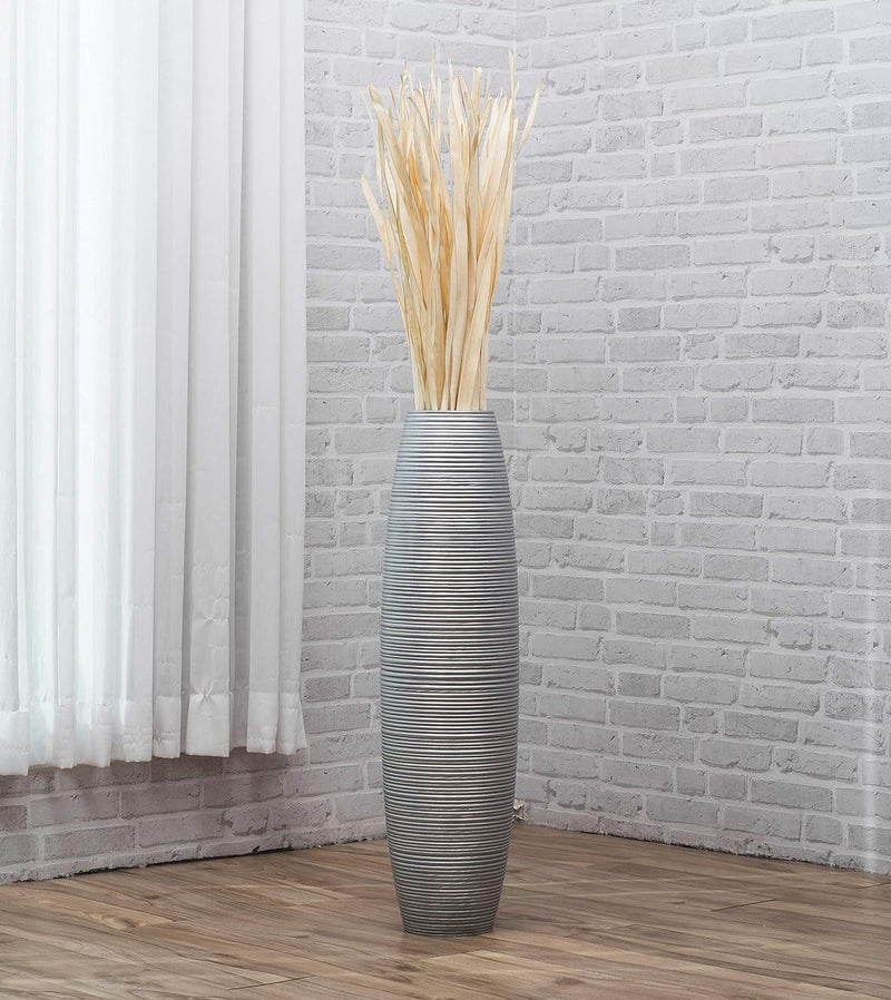 Leewadee Grosse Bodenvase für Dekozweige hohe Standvase Design Holzvase, Holz, 70 cm, Silber 70 cm S