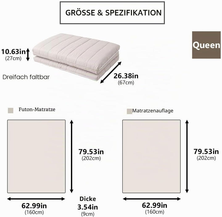 EMOOR Japanische Dreifach Gefaltete Futon-Matratze Machi mit Matratzenauflage 160 x 202 cm Grau, Zwi