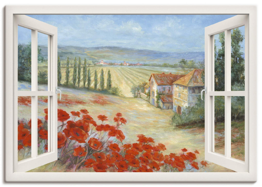ARTland Leinwandbilder Bild Leinwand Wandbilder 100x70 cm Fensterblick Landschaft Toskana Italien Mo