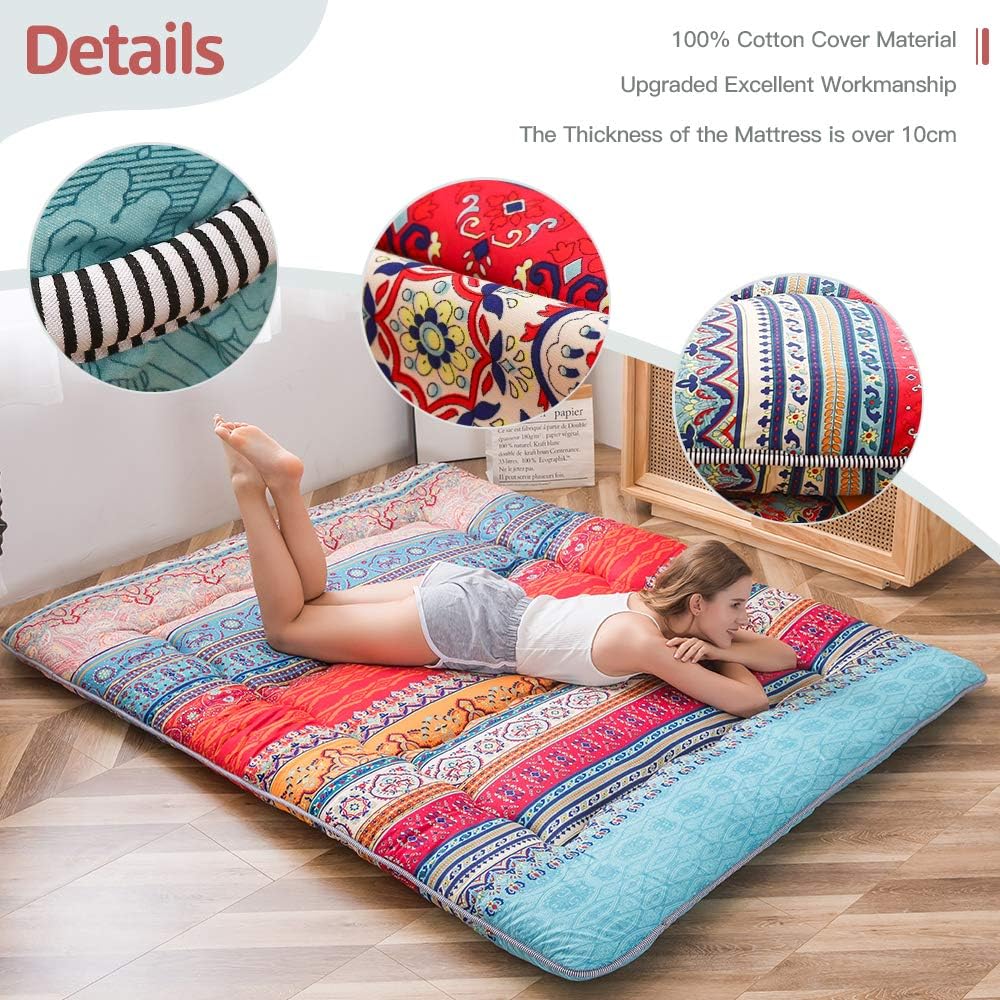MAXYOYO Böhmische Retro Futon Matratze - Vintage Blumenmuster japanische Bodenmatratze - rollbar ver