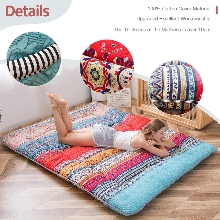 MAXYOYO Böhmische Retro Futon Matratze - Vintage Blumenmuster japanische Bodenmatratze - rollbar ver