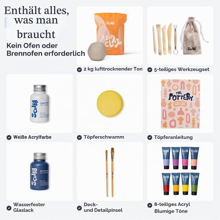 Sculpd – Das originale Töpfer-Set, Komplettes lufttrocknendes Ton-Set für Erwachsene, inklusive Mode