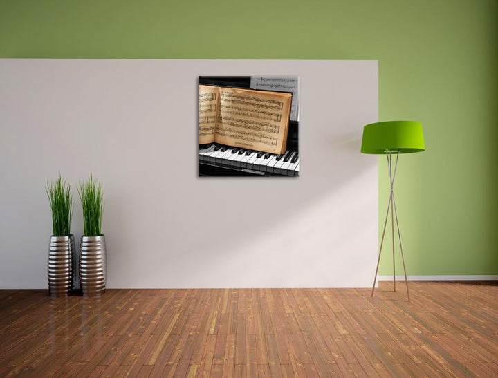 Pixxprint Notenbuch auf Piano als Leinwandbild/Grösse: 70x70 cm/Wandbild/Kunstdruck/fertig bespannt,
