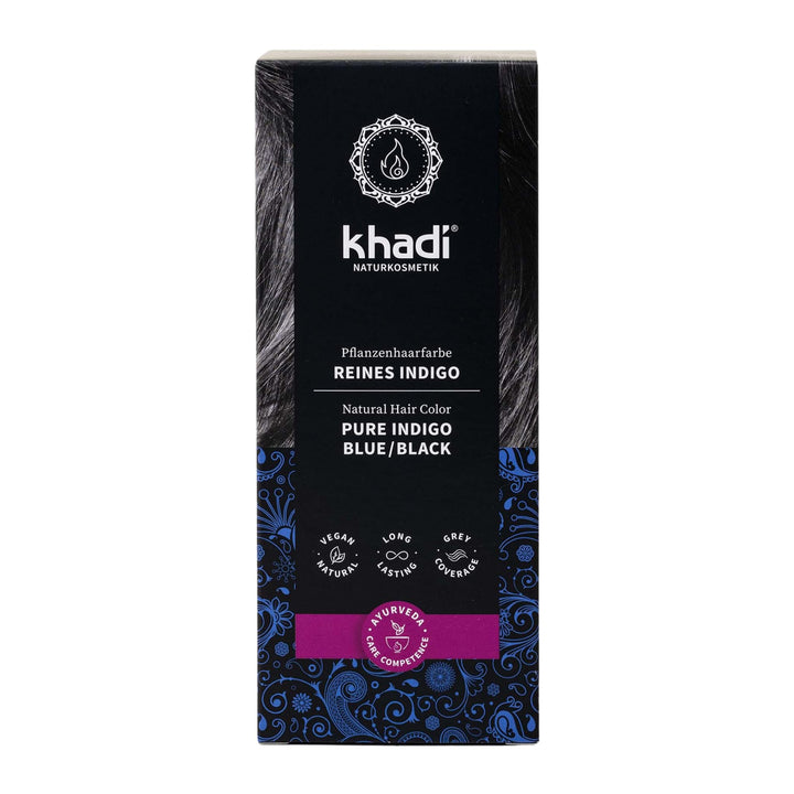 khadi REINES INDIGO Pflanzenhaarfarbe, Haarfarbe für geheimnisvolles Tiefschwarz bis zu schimmerndem