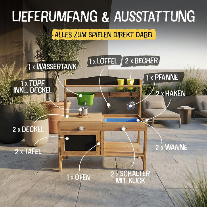 FRIEDO Matschküche Kinder Outdoor mit Schutzlasur I Inkl. Ofen und Zubehör wie 1,2 L Wasserspender,