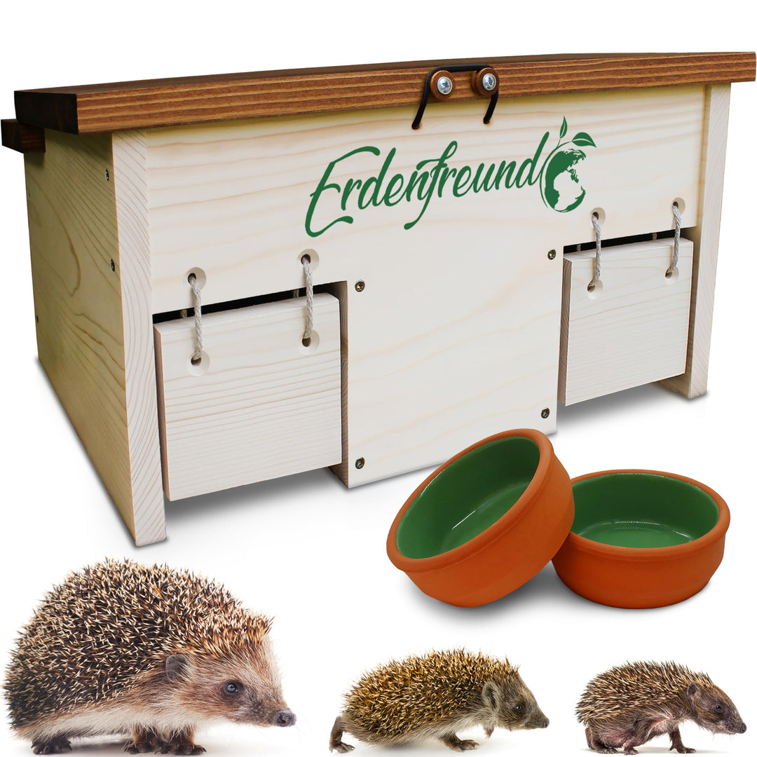 ERDENFREUND® Igelfutterhaus mit Rattenklappe + 2er Set Wasser- & Futternapf Igelhaus mit Rattenklapp