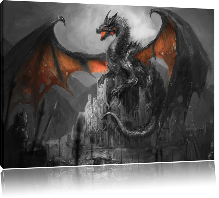 Pixxprint Drache schützend über Burg Schwarz/Weiss, Format: 100x70 auf Leinwand, 100x70