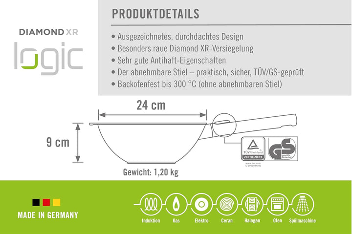 Woll Diamond Logic XR Wok- und Rührpfanne - Induktiv -, Ø 24 cm, 9 cm hoch, mit abnehmbarem Stiel -