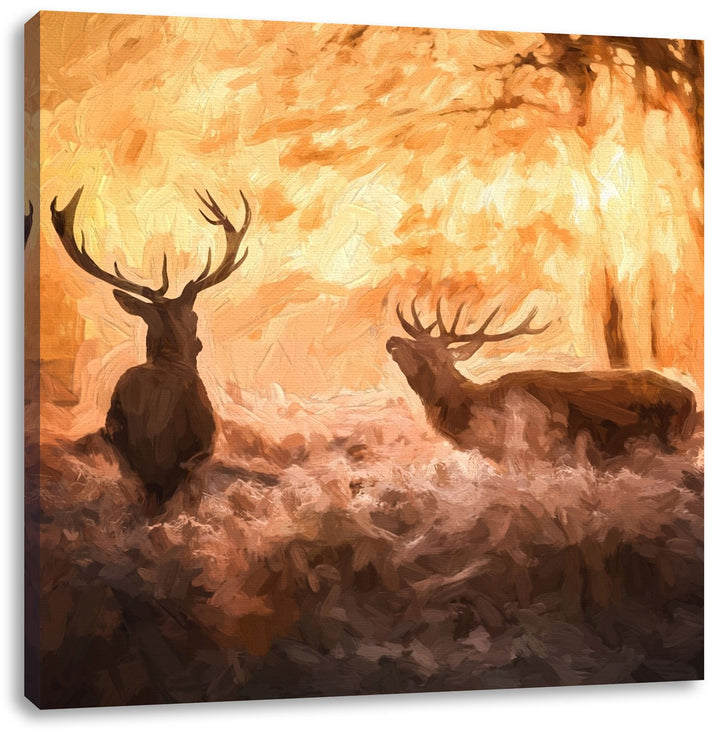 Pixxprint Hirsche im Wald, Format: 70x70 auf Leinwand, XXL riesige Bilder fertig gerahmt mit Keilrah