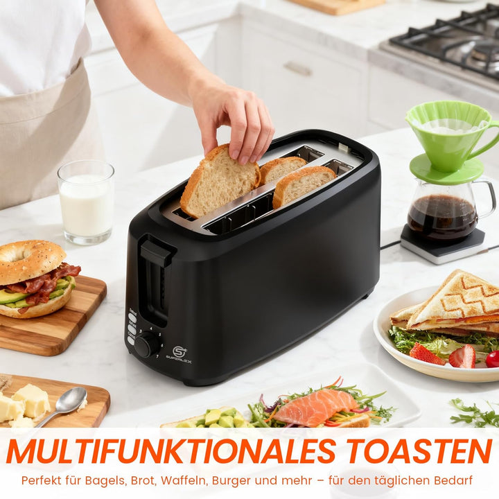 Frühstücksset Wasserkocher Toaster Set Schwarz 1,7L 2200W Mit 4 Scheiben Langschlitz Toaster 7 Bräun